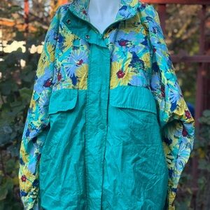 Vintage Floral Teal Windbreaker Jacket